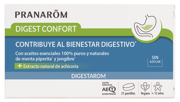 Pranarom Digest Confort  Confort digestivo  Aceite esencial de menta y jengibre 100% puro y natural  Extracto natural de achicoria  Vegano  , 21 comprimidos