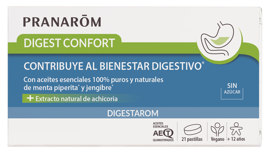 Pranarom Digest Confort  Confort digestivo  Aceite esencial de menta y jengibre 100% puro y natural  Extracto natural de achicoria  Vegano  , 21 comprimidos