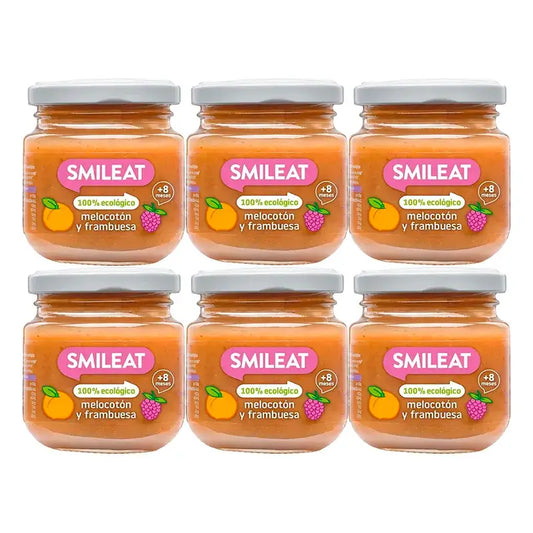 Smileat Tarrito Frambuesa Y Melocotón Ecológico, Pack 6 x 130 Gr