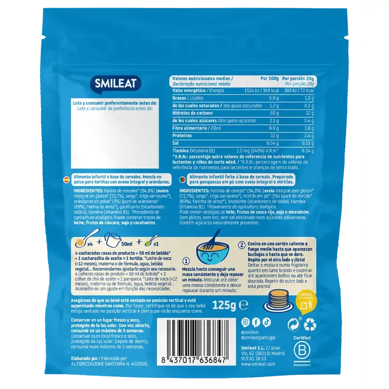 Smileat Mix Tortitas Avena Integral y Arándanos , 125 gr ECO