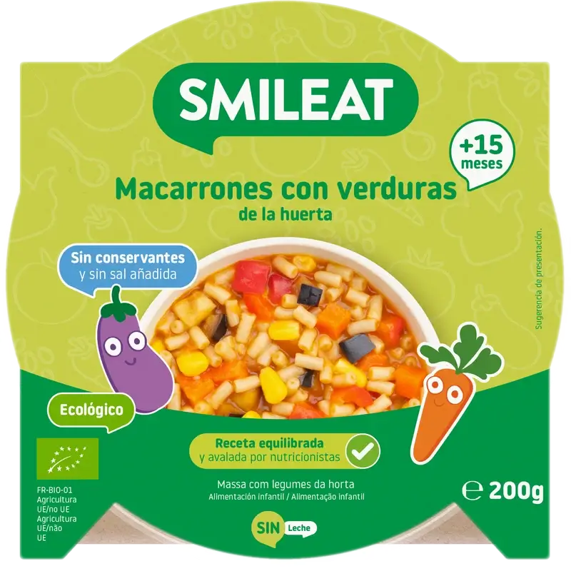 Smileat Platito Macarrones Con Verduras De La Huerta Eco, 200 gr