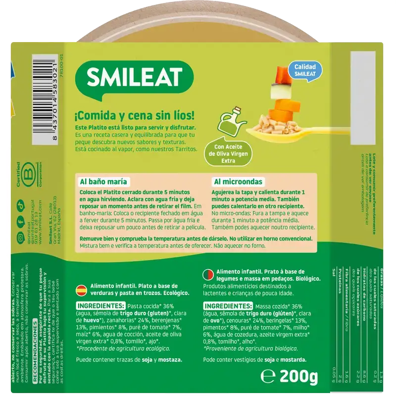 Smileat Platito Macarrones Con Verduras De La Huerta Eco, 200 gr