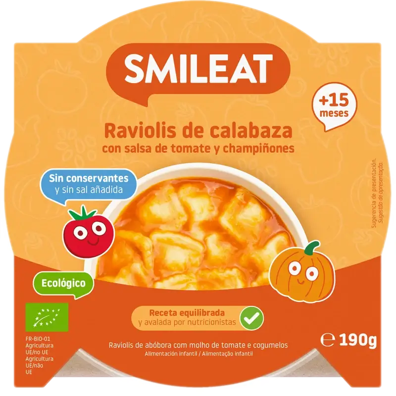 Smileat Platito Raviolis De Calabaza Con Salsa De Tomate Eco, 190 gr