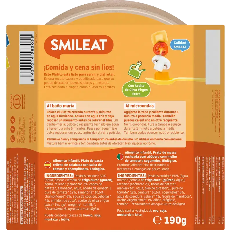 Smileat Platito Raviolis De Calabaza Con Salsa De Tomate Eco, 190 gr