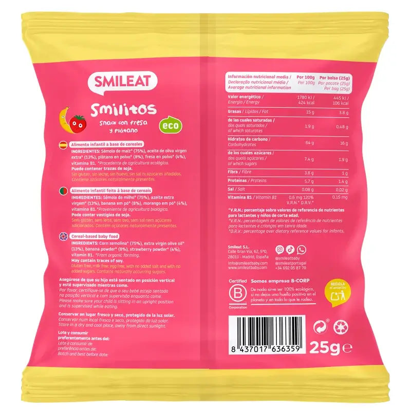 Smileat Smilitos Gusanitos De Fresa Y Plátano Eco , 25 gr