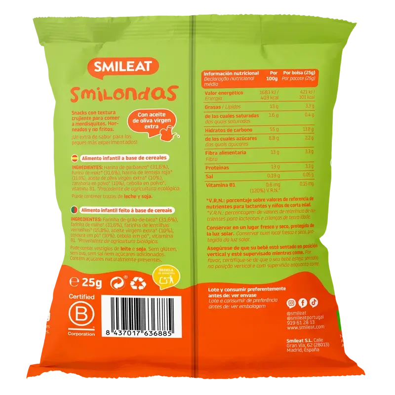 Smileat Smilondas Snack De Maiz, Legumbres Y Zanahoria , 25 gr