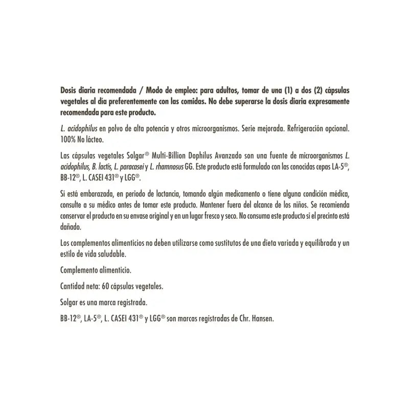 Solgar Advanced Multi-Billion Dophilus, 60 cápsulas vegetales