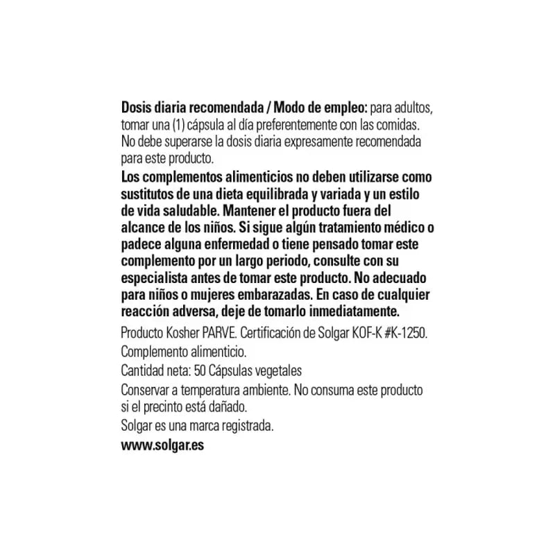 Solgar L-tirosina 500mg, 50 Cápsulas Vegetales