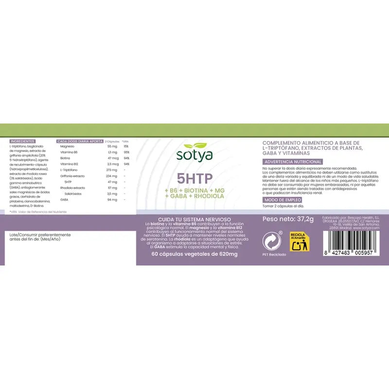 Sotya 5HTP+B6+Biotina+Mg+Gaba+Rhodiola 620mg, 60 Cápsulas Vegetales