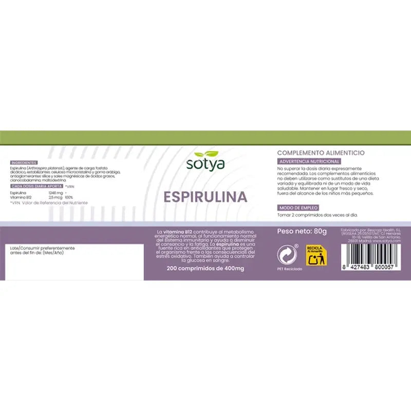 Sotya Espirulina + B12 400 Mg , 200 cápsulas