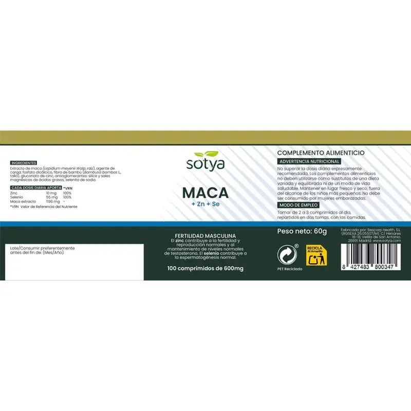 Sotya Maca + Zn + Se 100 comprimidos de 600mg