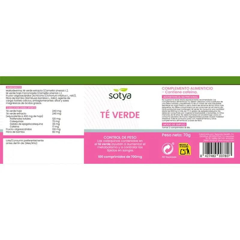 Sotya Te Verde 700 Mg , 100 comprimidos