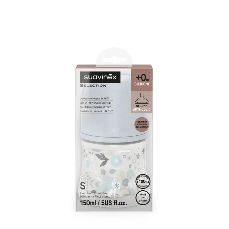Suavinex Biberón 150 Ml, Flujo Lento (S), +0 Meses, Wonderland Flores Azul
