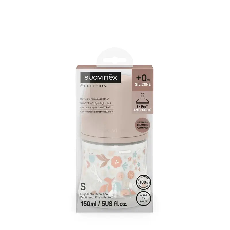 Suavinex Biberón 150 Ml, Flujo Lento (S), +0 Meses, Wonderland Flores Rosa