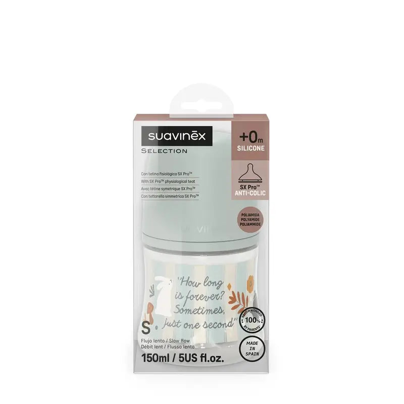 Suavinex Biberón 150 Ml, Flujo Lento (S), +0 Meses, Wonderland Verde
