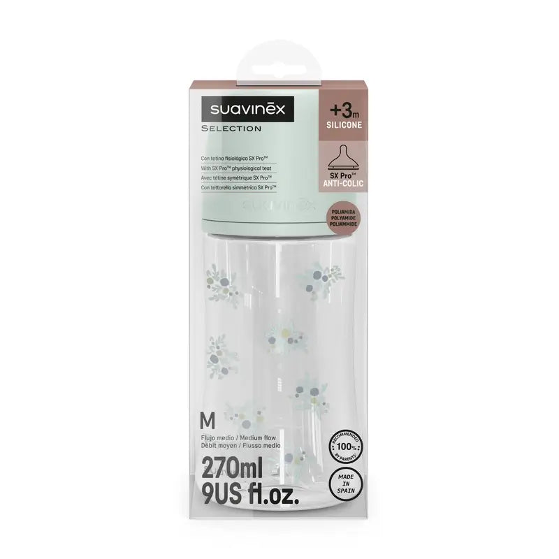 Suavinex Biberón 270 Ml, Flujo Medio (M), +3 Meses, Poetry Azul