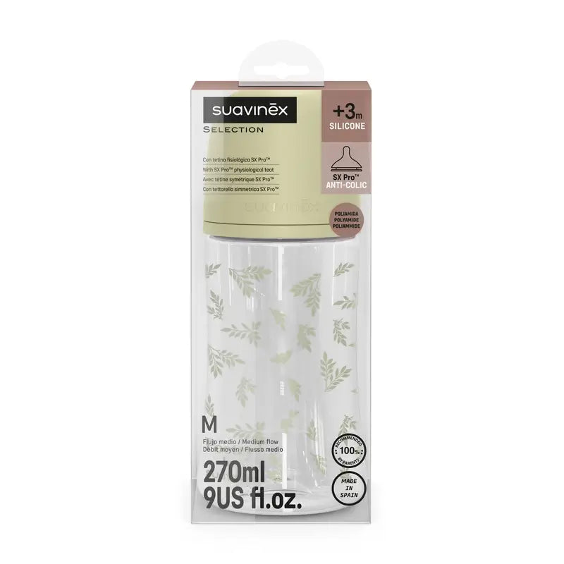 Suavinex Biberón 270 Ml, Flujo Medio (M), +3 Meses, Poetry Verde