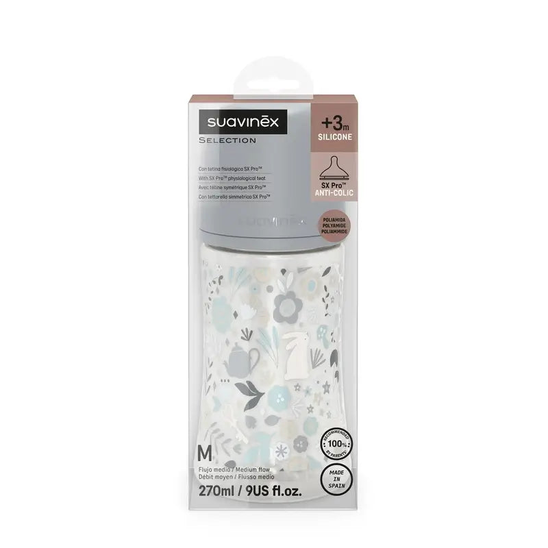 Suavinex Biberón 270 Ml, Flujo Medio (M), +3 Meses, Wonderland Flores Azul
