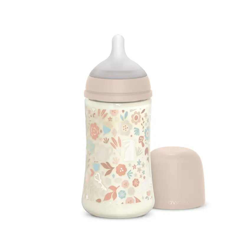 Suavinex Biberón 270 Ml, Flujo Medio (M), +3 Meses, Wonderland Flores Rosa