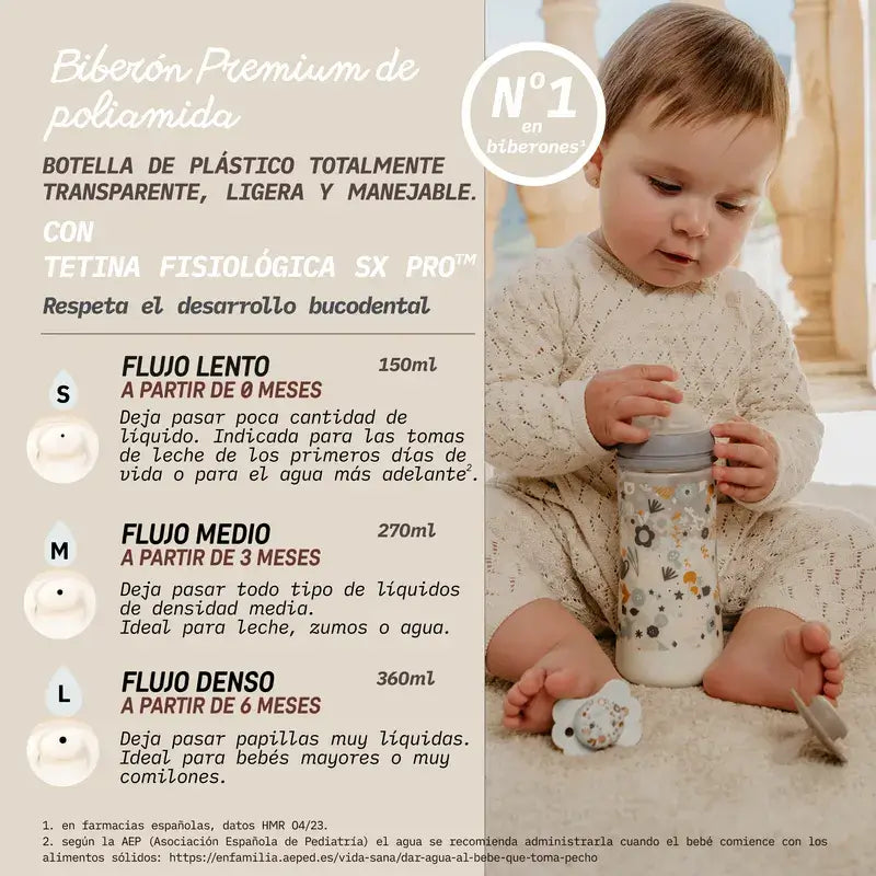 Suavinex Biberón 270 Ml, Flujo Medio (M), +3 Meses, Wonderland Flores Rosa