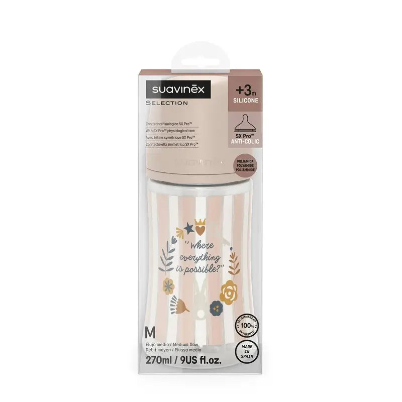 Suavinex Biberón 270 Ml, Flujo Medio (M), +3 Meses, Wonderland Rosa