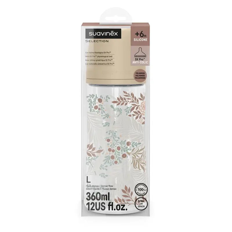 Suavinex Biberón 360 Ml, Flujo Denso (L), +6 Meses, Poetry Beige