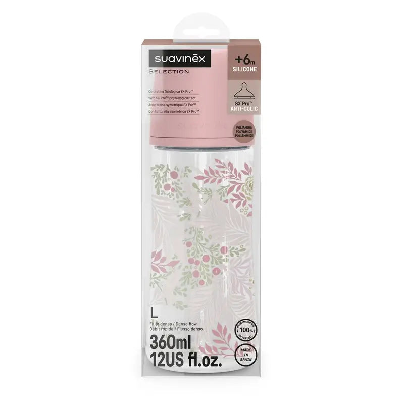 Suavinex Biberón 360 Ml, Flujo Denso (L), +6 Meses, Poetry Rosa