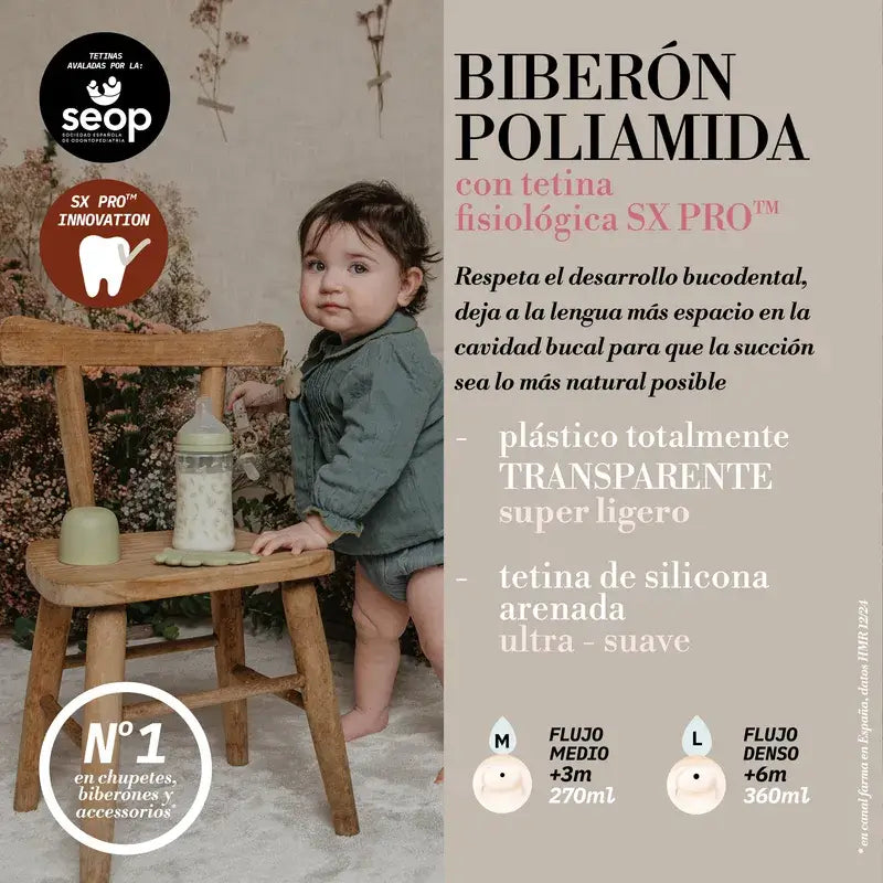 Suavinex Biberón 360 Ml, Flujo Denso (L), +6 Meses, Poetry Rosa