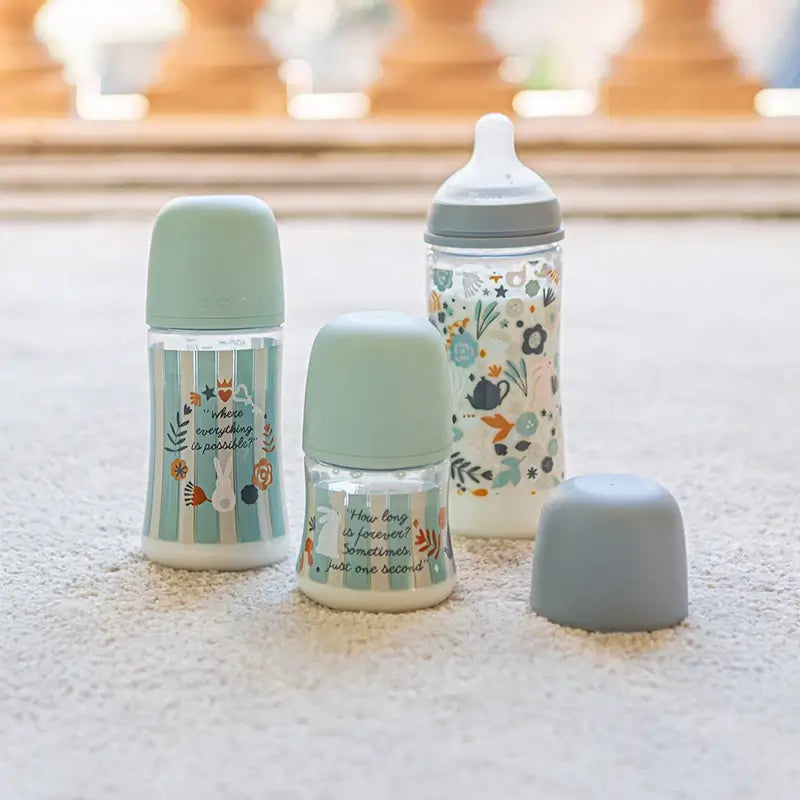 Suavinex Biberón 360 Ml, Flujo Denso (L), +6 Meses, Wonderland Flores Azul