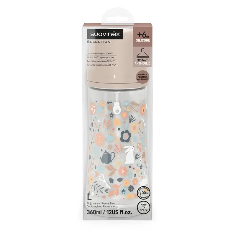 Suavinex Biberón 360 Ml, Flujo Denso (L), +6 Meses, Wonderland Flores Rosa