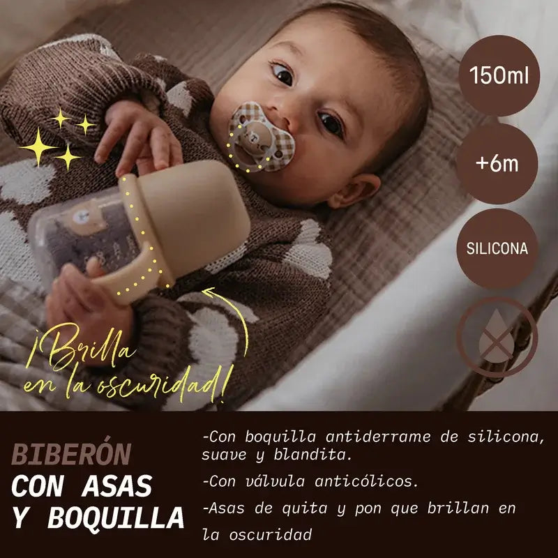 Suavinex Biberón Nocturno Night & Day +6 Meses Wild&Free Gris, 150 ml