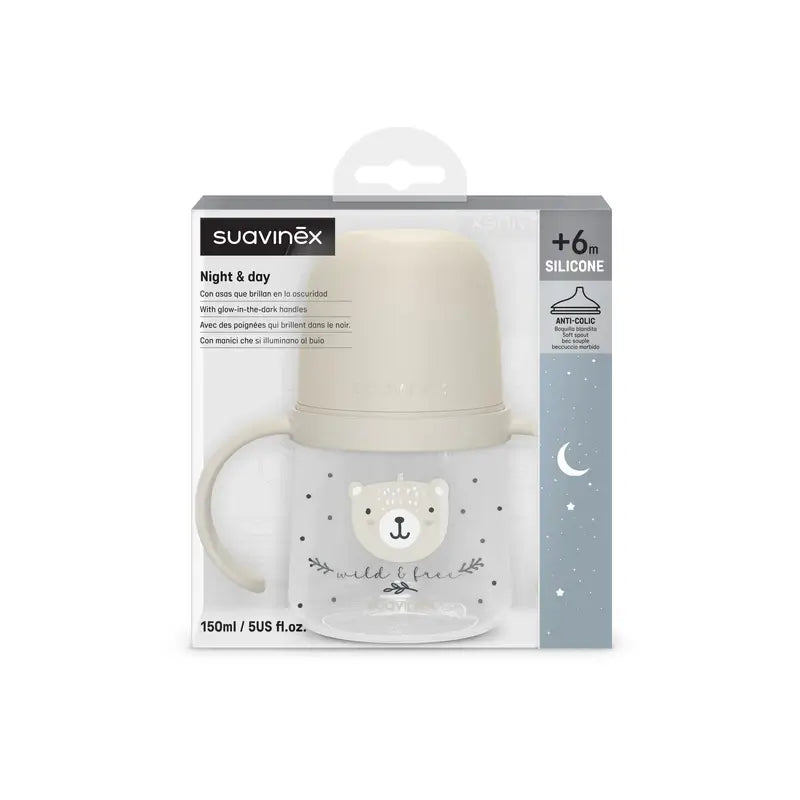 Suavinex Biberón Nocturno Night & Day +6 Meses Wild&Free Gris, 150 ml