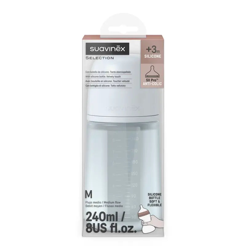 Suavinex Biberón Silicona 240 Ml, Flujo Medio (M), +3 Meses, Ballad Blue