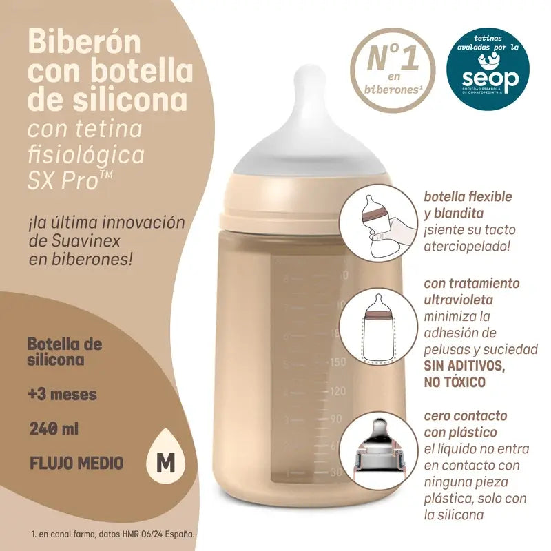 Suavinex Biberón Silicona 240 Ml, Flujo Medio (M), +3 Meses, Lime