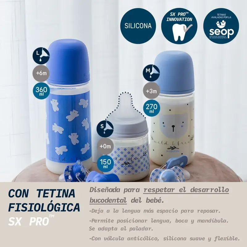 Suavinex Biberón Tetina Sx Pro De Flujo Denso (L) +6 Meses Wild&Free Azul, 360 ml