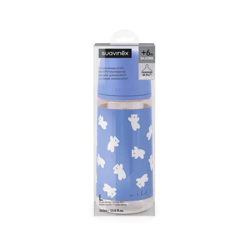 Suavinex Biberón Tetina Sx Pro De Flujo Denso (L) +6 Meses Wild&Free Azul, 360 ml