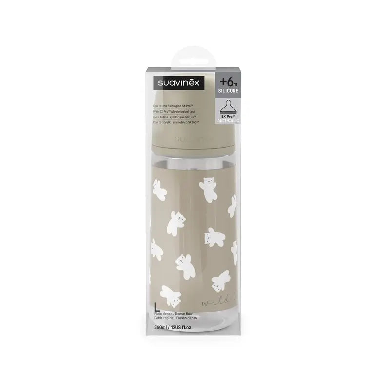 Suavinex Biberón Tetina Sx Pro De Flujo Denso (L) +6 Meses Wild&Free Beige, 360 ml