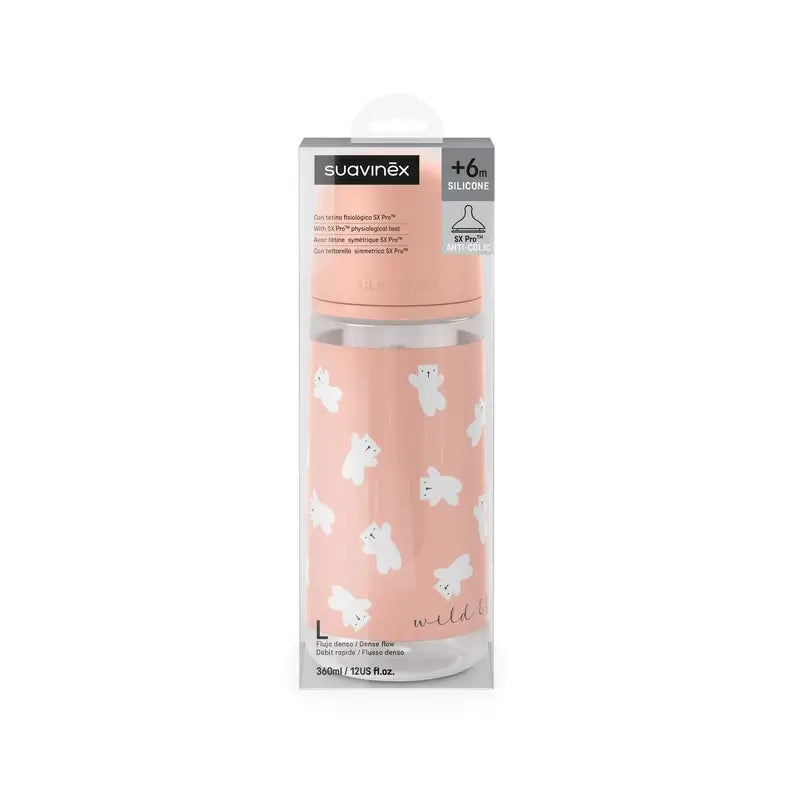 Suavinex Biberón Tetina Sx Pro De Flujo Denso (L) +6 Meses Wild&Free Rosa, 360 ml