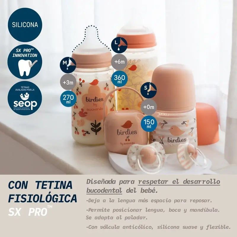 Suavinex Biberón Tetina Sx Pro Flujo Denso (L) +6 Meses Birdies Rosa, 360 ml