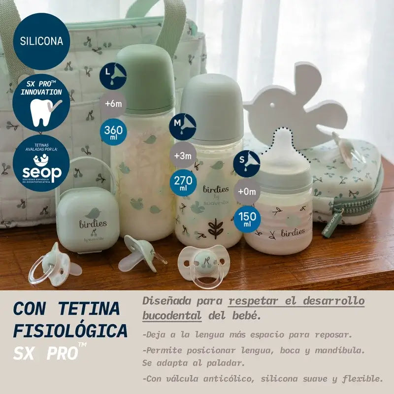 Suavinex Biberón Tetina Sx Pro Flujo Denso (L) +6 Meses Birdies Verde, 360 ml
