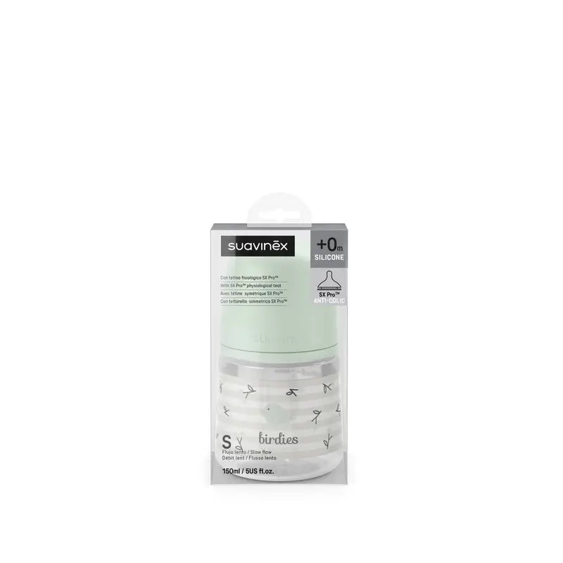 Suavinex Biberón Tetina Sx Pro Flujo Lento (S) +0 Meses Birdies Verde, 150 ml