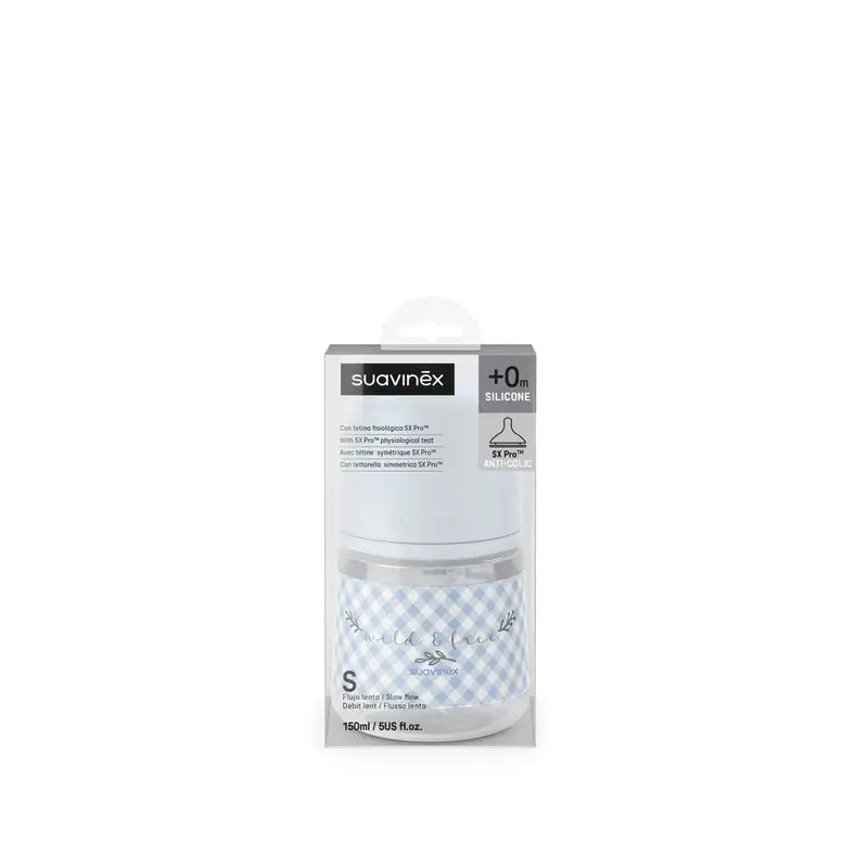 Suavinex Biberón Tetina Sx Pro Flujo Lento (S) +0 Meses Wild&Free Azul, 150 ml
