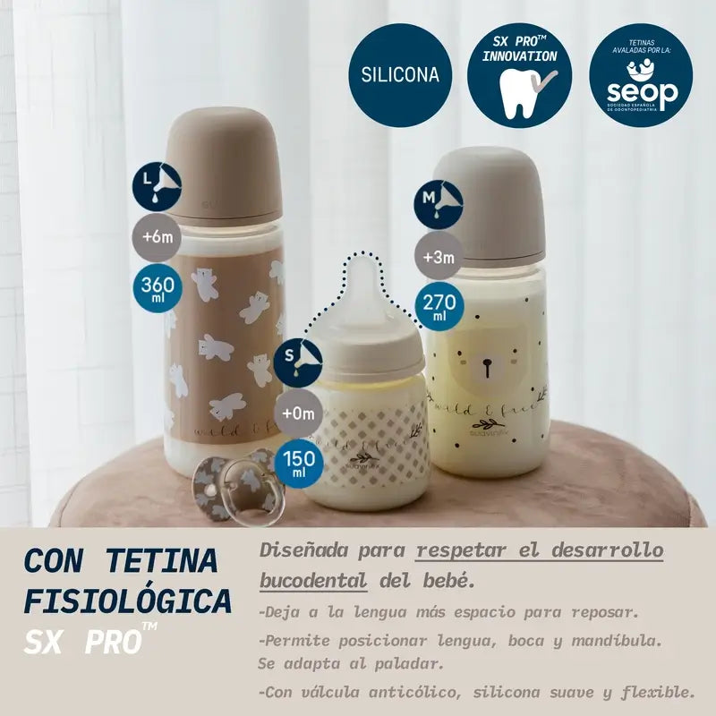 Suavinex Biberón Tetina Sx Pro Flujo Lento (S) +0 Meses Wild&Free Beige, 150 ml