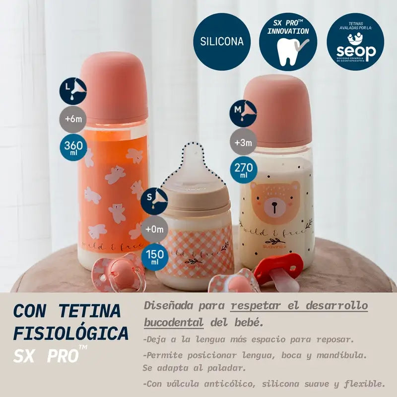 Suavinex Biberón Tetina Sx Pro Flujo Lento (S) +0 Meses Wild&Free Rosa, 150 ml