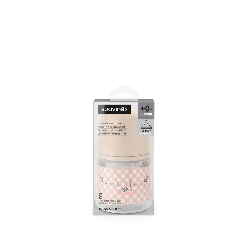 Suavinex Biberón Tetina Sx Pro Flujo Lento (S) +0 Meses Wild&Free Rosa, 150 ml