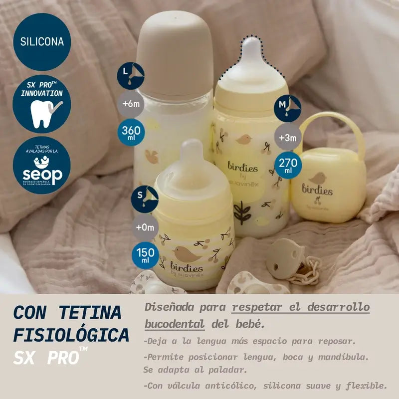 Suavinex Biberón Tetina Sx Pro Flujo Medio (M) +3 Meses Birdies Beige, 270 ml