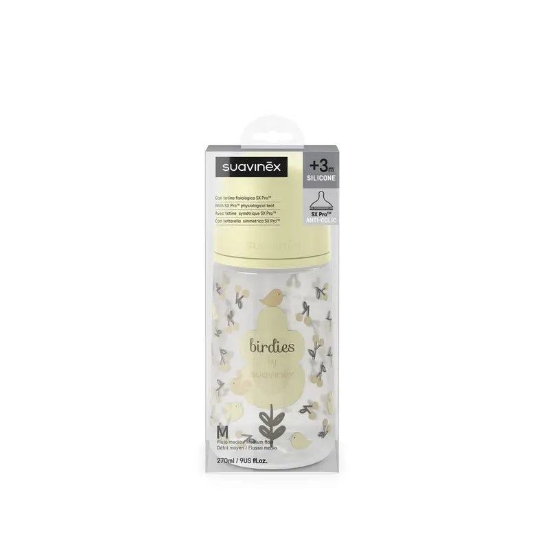 Suavinex Biberón Tetina Sx Pro Flujo Medio (M) +3 Meses Birdies Beige, 270 ml