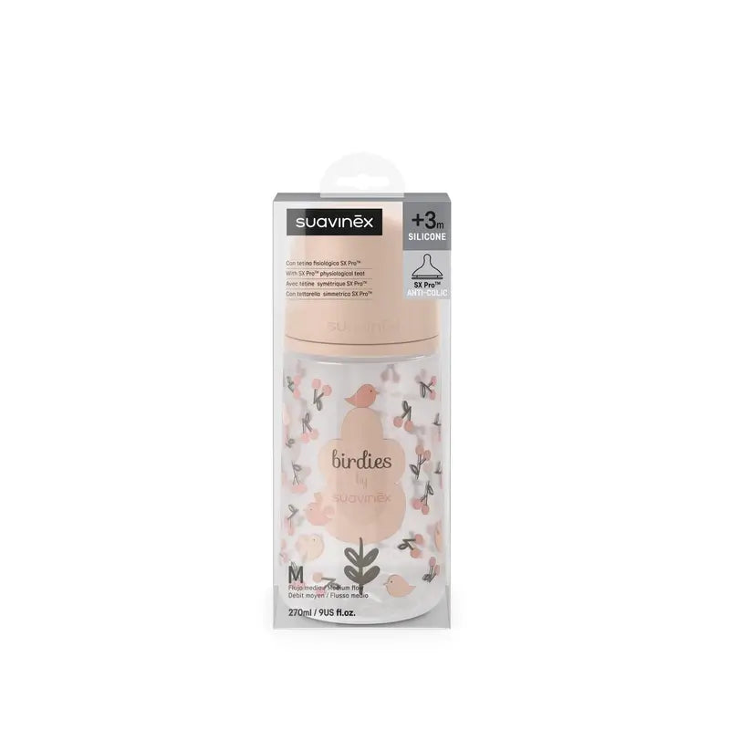 Suavinex Biberón Tetina Sx Pro Flujo Medio (M) +3 Meses Birdies Rosa, 270 ml