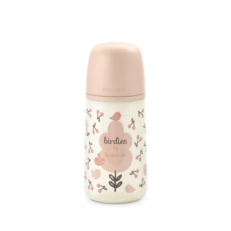 Suavinex Biberón Tetina Sx Pro Flujo Medio (M) +3 Meses Birdies Rosa, 270 ml