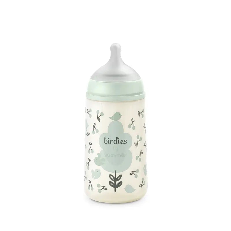 Suavinex Biberón Tetina Sx Pro Flujo Medio (M) +3 Meses Birdies Verde, 270 ml